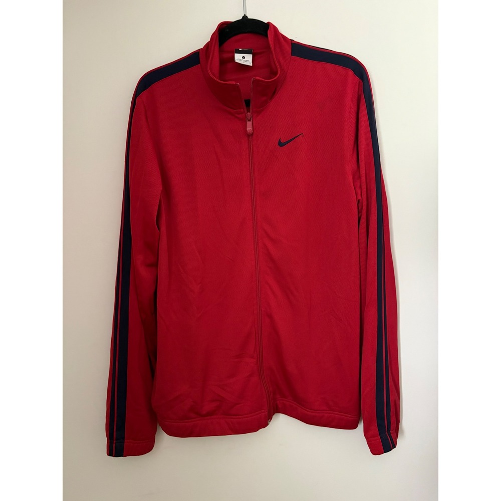 Nike Mens Dri-FIT Track Jacket Red Navy Blue Striped Sleeve Mock Neck Large